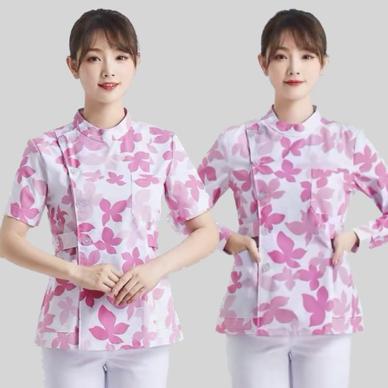 Двухкомпонентен комплект униформа за медицински сестри – женски, медицински персонал, полиестерно-памучна материя 50–70% полиестер, 30–50% памук, къс ръкав, стояща яка, дължина 50–65 см, за всички сезони