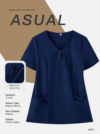 Cmeina Дамски топ с къси ръкави и цип отпред за медицинска/козметична салонна работа; влагоотводяща полиестер-еластанова материя; V-образно деколте.