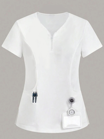 Cmeina Дамски топ с къси ръкави и цип отпред за медицинска/козметична салонна работа; влагоотводяща полиестер-еластанова материя; V-образно деколте.
