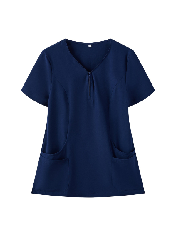 Cmeina Дамски топ с къси ръкави и цип отпред за медицинска/козметична салонна работа; влагоотводяща полиестер-еластанова материя; V-образно деколте.