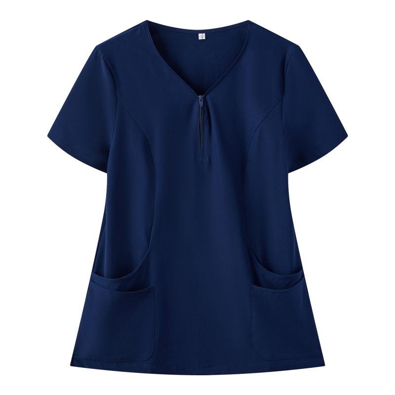 Cmeina Дамски топ с къси ръкави и цип отпред за медицинска/козметична салонна работа; влагоотводяща полиестер-еластанова материя; V-образно деколте.