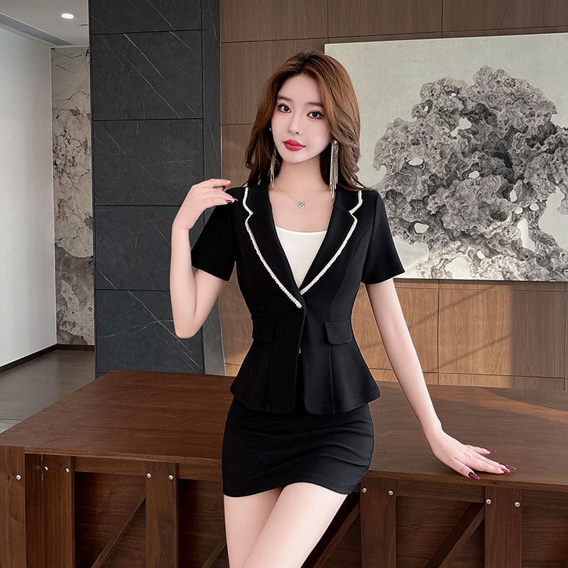 Set uniformă SPA pentru femei – poliester care absoarbe umezeala, top cu mânecă scurtă și fustă, lungime standard