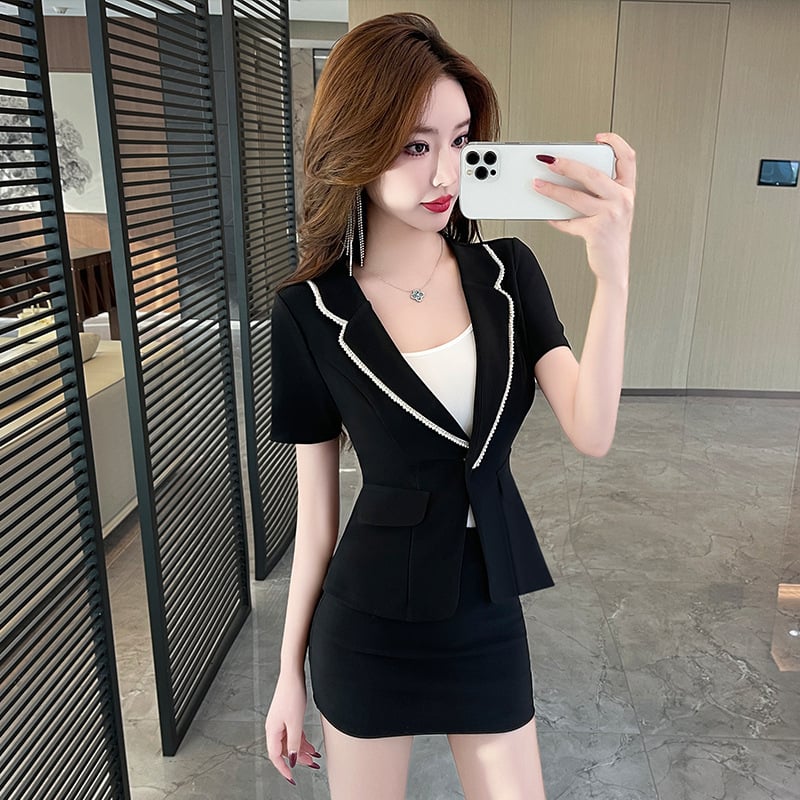 Set uniformă SPA pentru femei – poliester care absoarbe umezeala, top cu mânecă scurtă și fustă, lungime standard