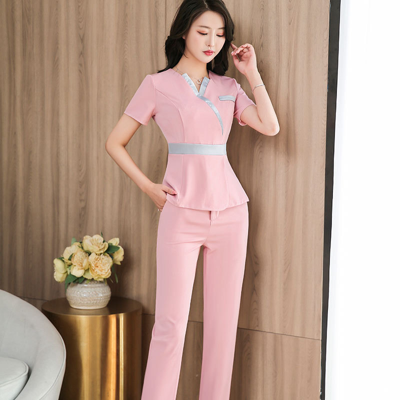 Set pracovného oblečenia pre kozmetičku do SPA a pedikúry, dámsky, vláknina polyester s elastanom, 3/4 rukávy, golier z kožušiny, 3/4 nohavíc