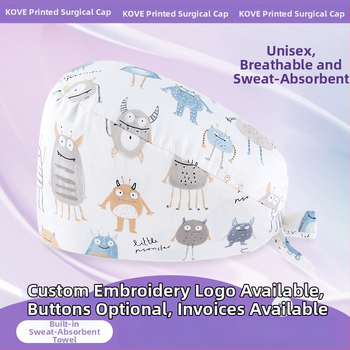 Unisex operācijas telpas cepure, kokvilna, plakans augšdaļas dizains, druka, iespēja uzdrukāt logotipu