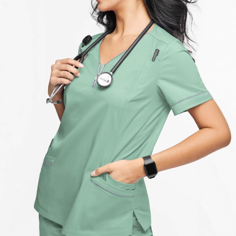 Unisex medicinski radni set, materijal koji upija vlagu, kratki rukavi, V-izrez, poliester-spandeks smjesa (72% poliester, 7% spandeks) za bolnice i klinike