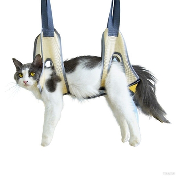 Uzlabots kaķu kopšanas hamaks dušai un nagu griešanai, ar aizsardzību pret skrāpējumiem un kodieniem, ar fiksējošu somu.