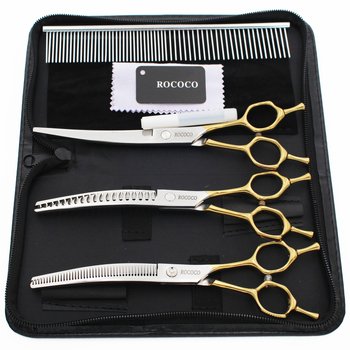 Dzīvnieku kopšanas šķēres komplekts, izliekta elkoņa forma, zobaina asmens, nerūsējošais tērauds, smalki pulēta virsma