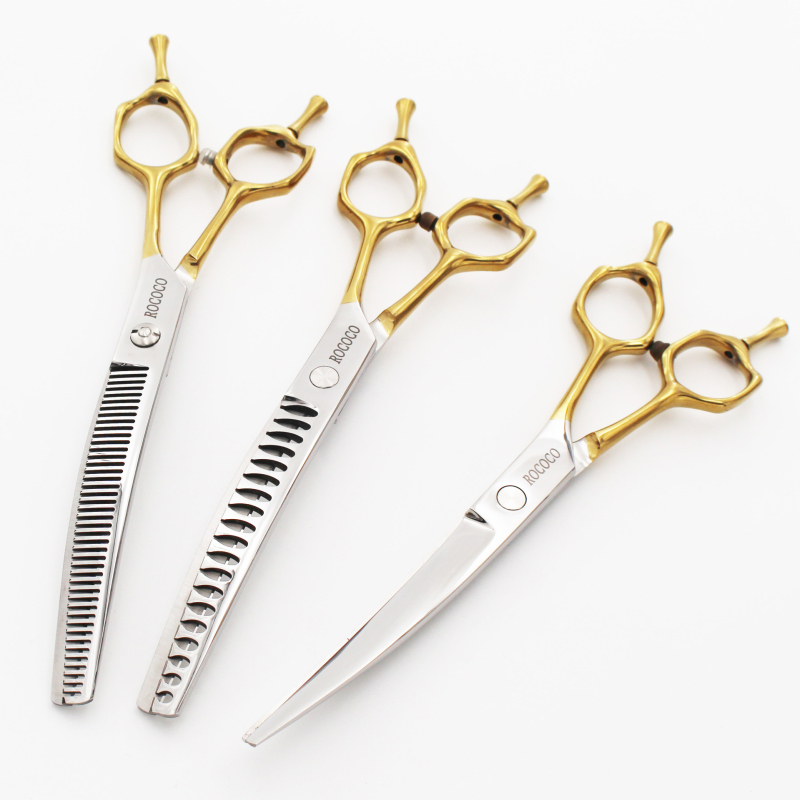 Dzīvnieku kopšanas šķēres komplekts, izliekta elkoņa forma, zobaina asmens, nerūsējošais tērauds, smalki pulēta virsma