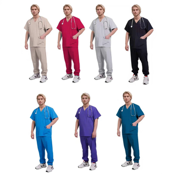 Unisex set medicinskih scrubs s odvlačenjem vlage poliester-elastan smjesa (72% poliester, 7% elastan), V-izrez, kratki rukav, bolničko/kliničko nošenje