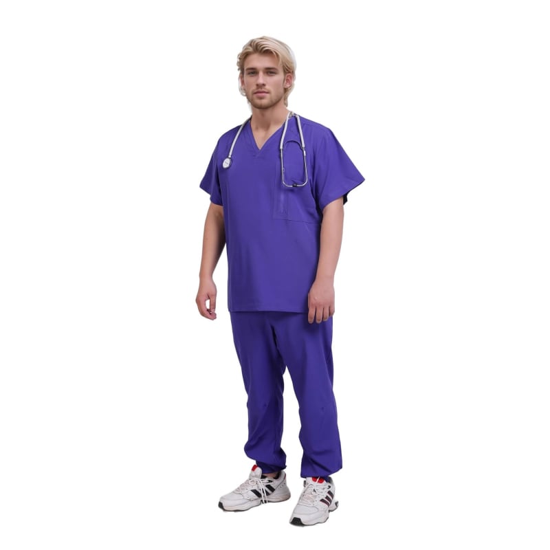 Unisex set medicinskih scrubs s odvlačenjem vlage poliester-elastan smjesa (72% poliester, 7% elastan), V-izrez, kratki rukav, bolničko/kliničko nošenje
