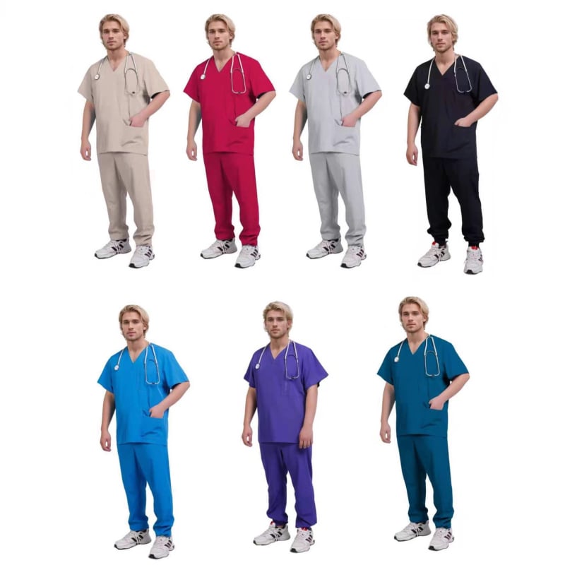 Unisex set medicinskih scrubs s odvlačenjem vlage poliester-elastan smjesa (72% poliester, 7% elastan), V-izrez, kratki rukav, bolničko/kliničko nošenje
