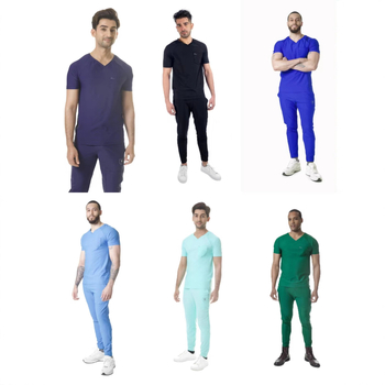 Unisex set kirurške haljine za medicinsku upotrebu - odvodi vlagu, kratki rukavi, V-izrez, mješavina poliester-elastan