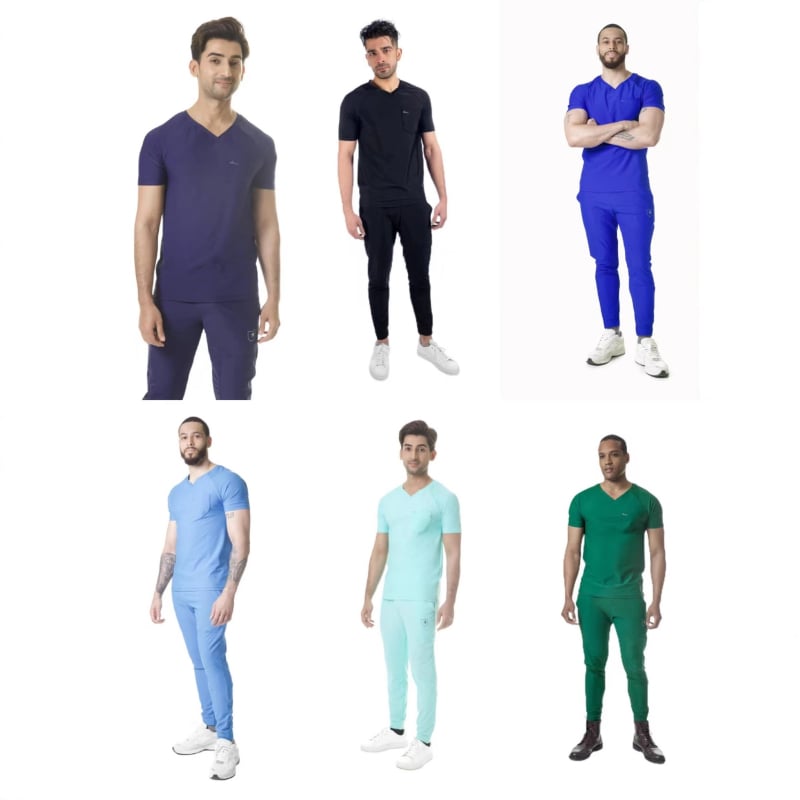 Unisex set kirurške haljine za medicinsku upotrebu - odvodi vlagu, kratki rukavi, V-izrez, mješavina poliester-elastan