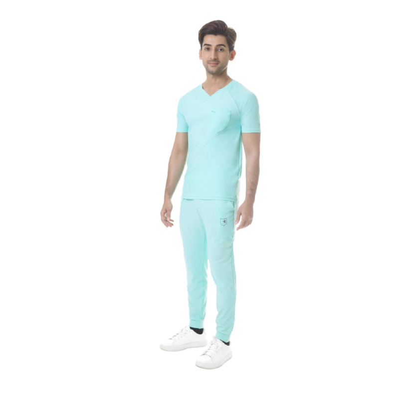 Unisex set kirurške haljine za medicinsku upotrebu - odvodi vlagu, kratki rukavi, V-izrez, mješavina poliester-elastan