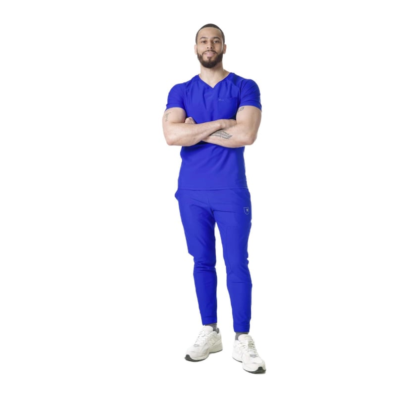 Unisex set kirurške haljine za medicinsku upotrebu - odvodi vlagu, kratki rukavi, V-izrez, mješavina poliester-elastan