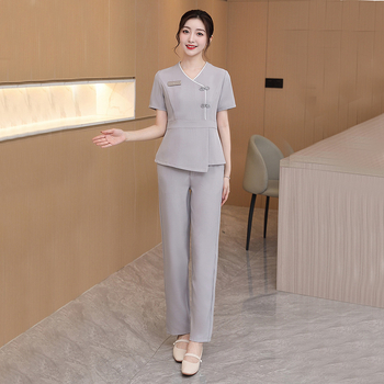 Ženský uniformný set – materiál odvádzajúci vlhkosť, polyester/spandex (95/5), pracovné oblečenie pre personál kozmetického salónu a SPA