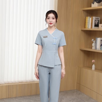 Ženský uniformný set – materiál odvádzajúci vlhkosť, polyester/spandex (95/5), pracovné oblečenie pre personál kozmetického salónu a SPA