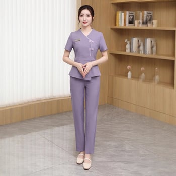 Ženský uniformný set – materiál odvádzajúci vlhkosť, polyester/spandex (95/5), pracovné oblečenie pre personál kozmetického salónu a SPA