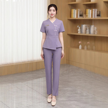 Ženský uniformný set – materiál odvádzajúci vlhkosť, polyester/spandex (95/5), pracovné oblečenie pre personál kozmetického salónu a SPA