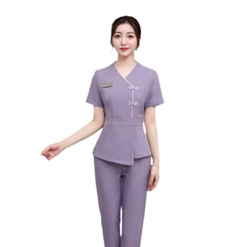 Ženský uniformný set – materiál odvádzajúci vlhkosť, polyester/spandex (95/5), pracovné oblečenie pre personál kozmetického salónu a SPA