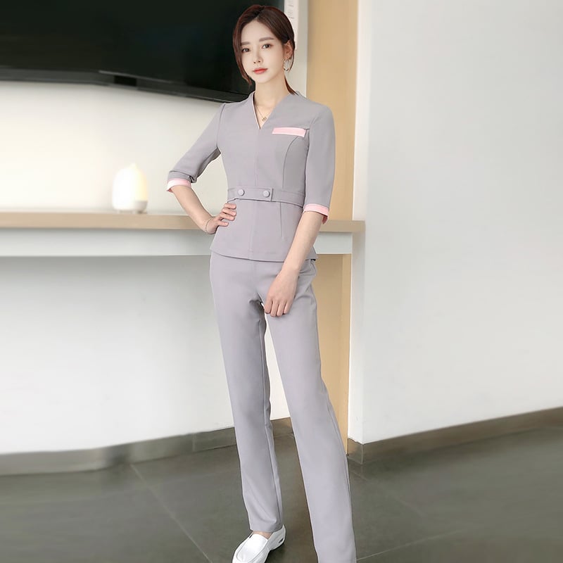 Dámske odevy kozmetického salónu — odvádzanie vlhkosti, hlavná tkanina 90% acetát, polyesterové vlákno