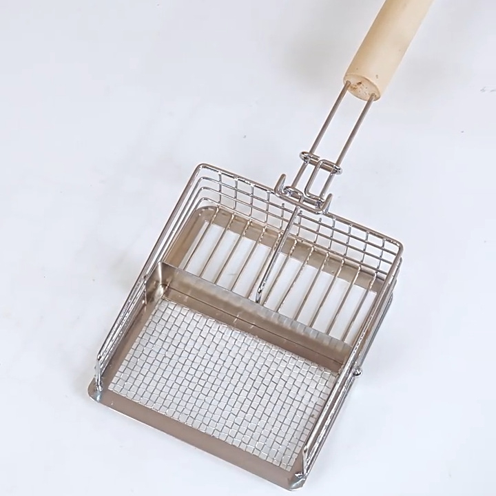 Lingură pentru nisip de pisici, sârmă de fier electroplacată + mâner din lemn, design push-pull 2 în 1