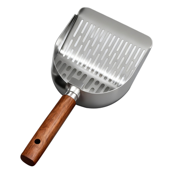 Holy age lopată de nisip pentru pisici, din metal, cu mâner din lemn și găuri fine.