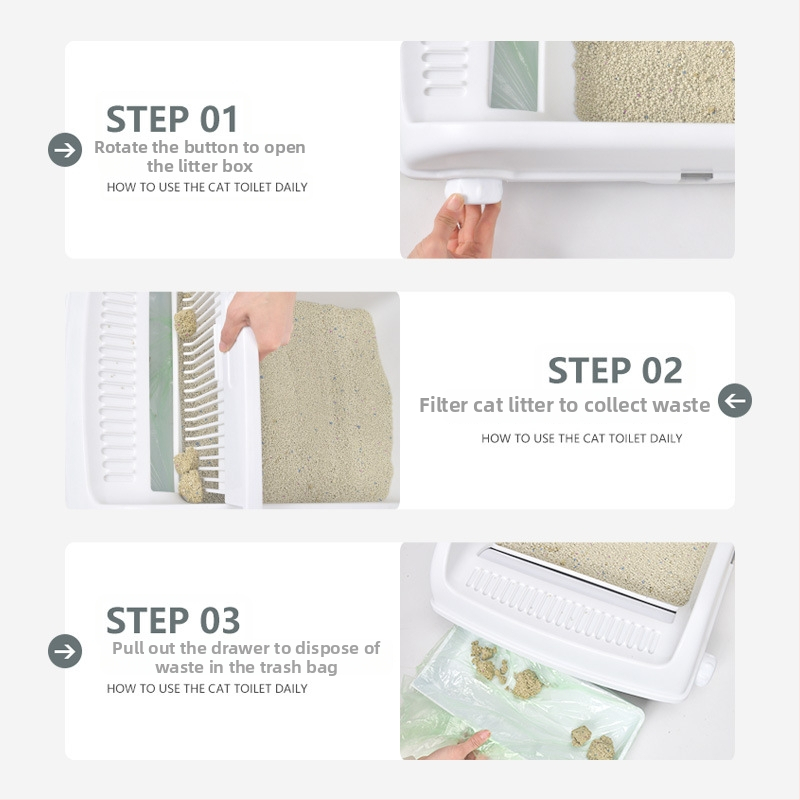 Troublemaker mačací záchod so zásuvkovým dizajnom, polouzavretý, s lopatkou na stelivo (PP)