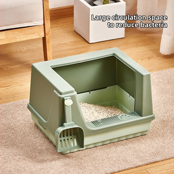 Polo-zatvorená miska na mačací piesok s vysokými okrajmi, proti zápachu a špliechaniu, priestranné vnútro