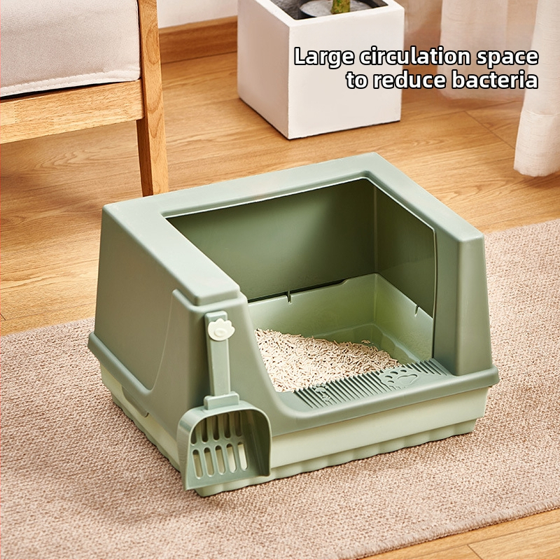 Polo-zatvorená miska na mačací piesok s vysokými okrajmi, proti zápachu a špliechaniu, priestranné vnútro