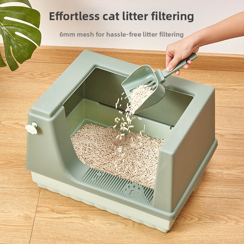 Polo-zatvorená miska na mačací piesok s vysokými okrajmi, proti zápachu a špliechaniu, priestranné vnútro