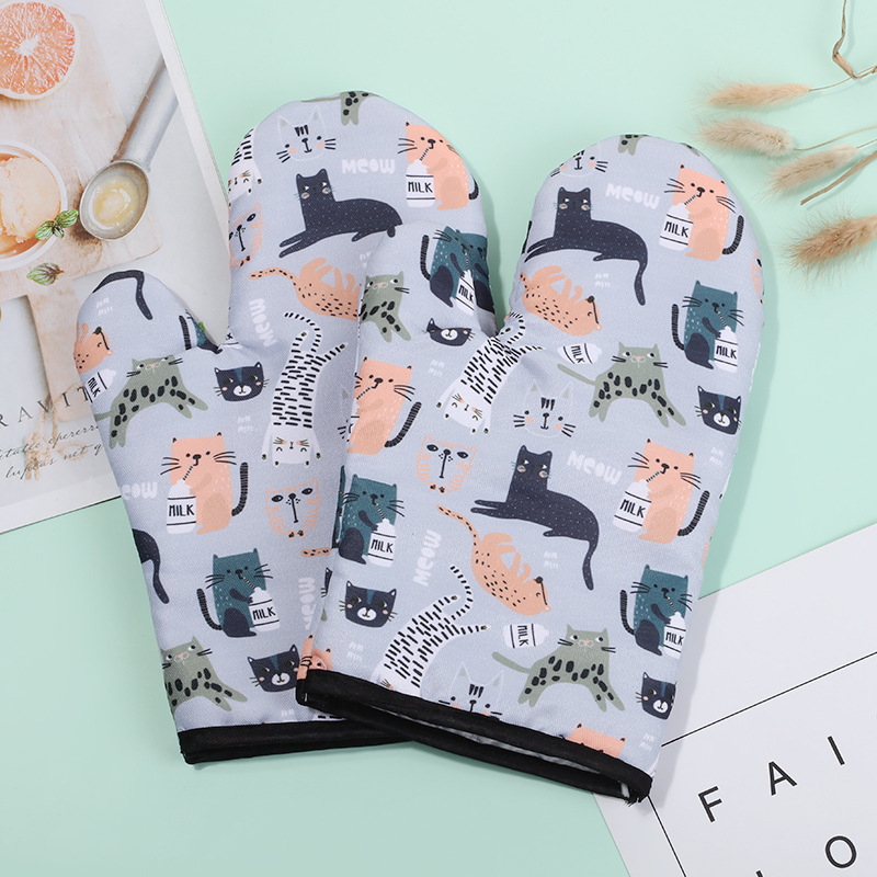 Teplovzdorné rukavice do rúry a mikrovlnky - Mačací vzor, Polyester twill tkanina, Roztomilý kreslený štýl, Uvedené v roku 2020