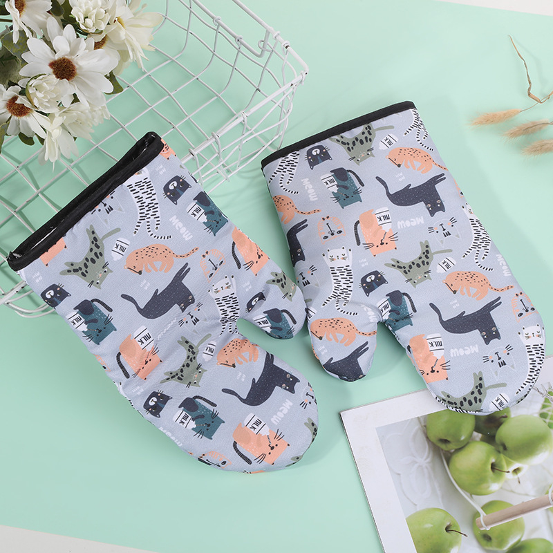 Teplovzdorné rukavice do rúry a mikrovlnky - Mačací vzor, Polyester twill tkanina, Roztomilý kreslený štýl, Uvedené v roku 2020