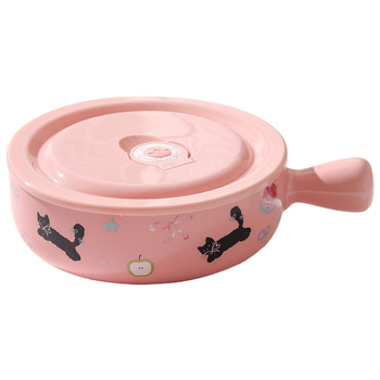 Vas ceramic rezistent la microunde, cu mâner — formă circulară, design drăguț cu personaje de desene animate, pentru salată de fructe și tăiței instant