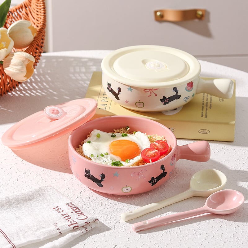 Vas ceramic rezistent la microunde, cu mâner — formă circulară, design drăguț cu personaje de desene animate, pentru salată de fructe și tăiței instant