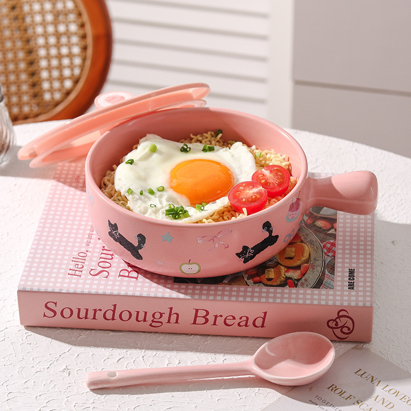 Vas ceramic rezistent la microunde, cu mâner — formă circulară, design drăguț cu personaje de desene animate, pentru salată de fructe și tăiței instant