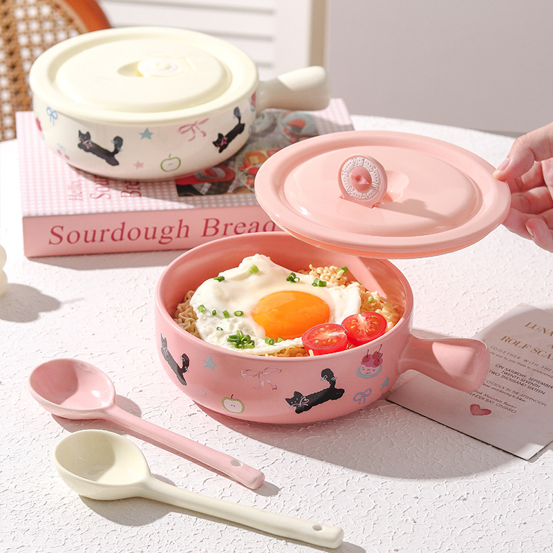 Vas ceramic rezistent la microunde, cu mâner — formă circulară, design drăguț cu personaje de desene animate, pentru salată de fructe și tăiței instant