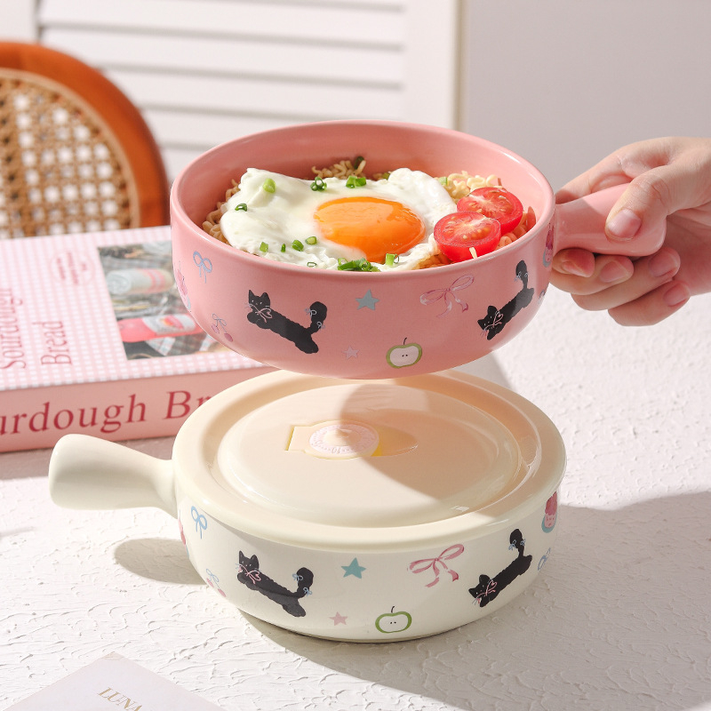 Vas ceramic rezistent la microunde, cu mâner — formă circulară, design drăguț cu personaje de desene animate, pentru salată de fructe și tăiței instant