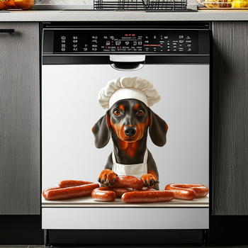 PVC fali matrica – aranyos kutya szakács kolbász mintával, vízálló, öntapadós, nappali vagy hálószoba számára