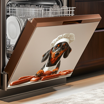 PVC fali matrica – aranyos kutya szakács kolbász mintával, vízálló, öntapadós, nappali vagy hálószoba számára