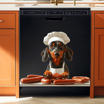 PVC fali matrica – aranyos kutya szakács kolbász mintával, vízálló, öntapadós, nappali vagy hálószoba számára