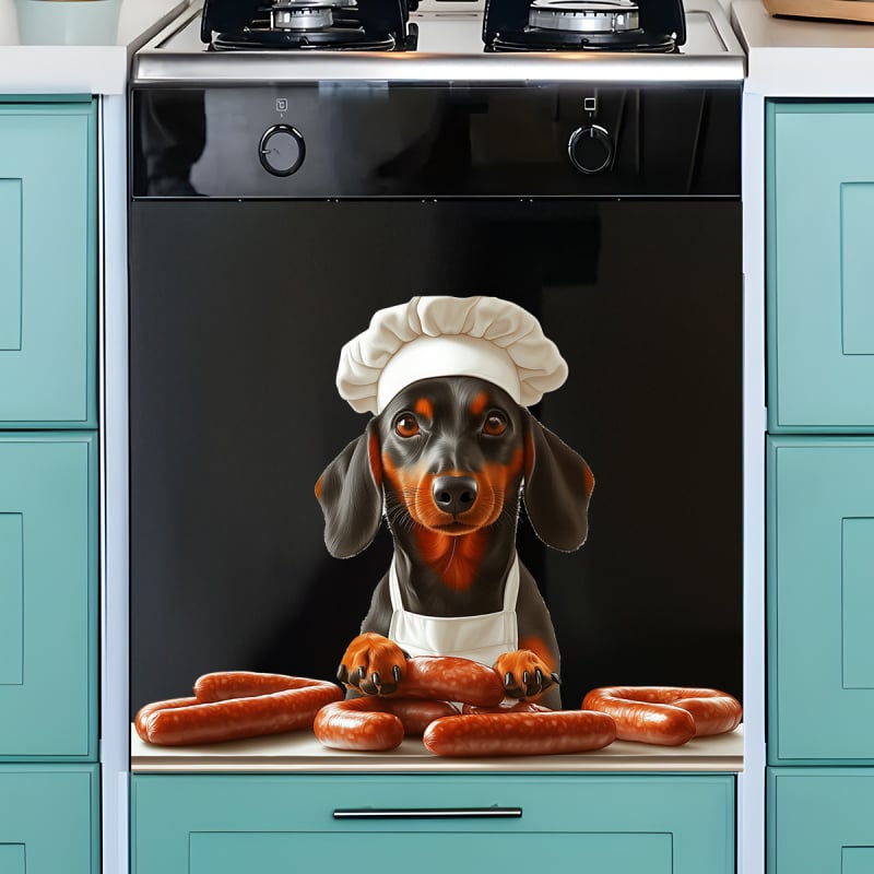 PVC fali matrica – aranyos kutya szakács kolbász mintával, vízálló, öntapadós, nappali vagy hálószoba számára