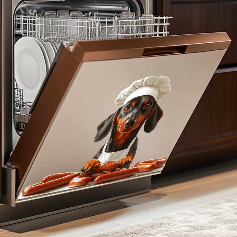 PVC fali matrica – aranyos kutya szakács kolbász mintával, vízálló, öntapadós, nappali vagy hálószoba számára