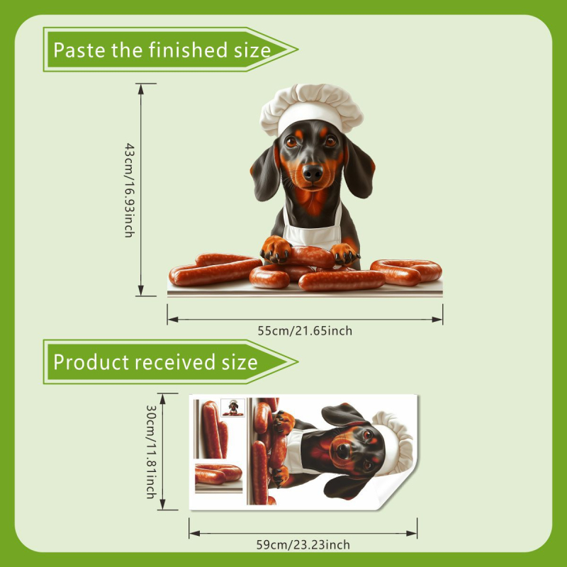 PVC fali matrica – aranyos kutya szakács kolbász mintával, vízálló, öntapadós, nappali vagy hálószoba számára