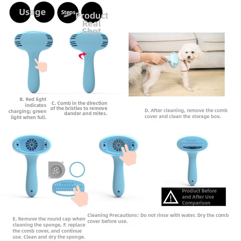 Elektronikus háziállat szőrtelenítő kefe macskáknak és kutyáknak – ABS anyagú, újratölthető, atkák és por felszívására, háztartási használatra