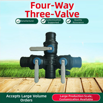 Laistymo sistemos pagrindinė linija su trimis kryptimis ir keturiais jungtimis, PP+POM, didelis srautas, platus padengimas, vienodas purškimas; tinkama namų sodams, žemės ūkiui, viešosioms žaliosioms zonoms ir sodininkystei, prieš smėlį