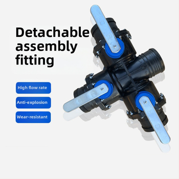 Laistymo sistemos pagrindinė linija su trimis kryptimis ir keturiais jungtimis, PP+POM, didelis srautas, platus padengimas, vienodas purškimas; tinkama namų sodams, žemės ūkiui, viešosioms žaliosioms zonoms ir sodininkystei, prieš smėlį