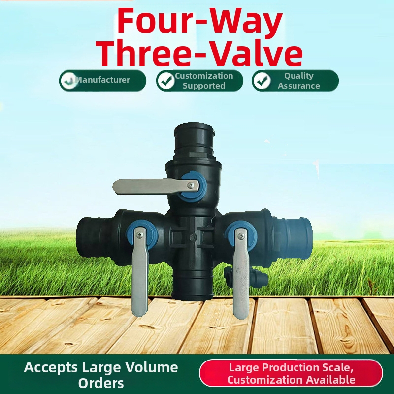 Laistymo sistemos pagrindinė linija su trimis kryptimis ir keturiais jungtimis, PP+POM, didelis srautas, platus padengimas, vienodas purškimas; tinkama namų sodams, žemės ūkiui, viešosioms žaliosioms zonoms ir sodininkystei, prieš smėlį