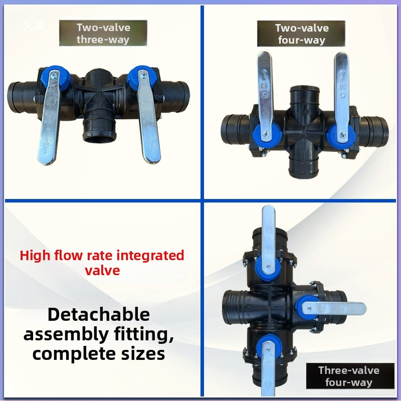 Laistymo sistemos pagrindinė linija su trimis kryptimis ir keturiais jungtimis, PP+POM, didelis srautas, platus padengimas, vienodas purškimas; tinkama namų sodams, žemės ūkiui, viešosioms žaliosioms zonoms ir sodininkystei, prieš smėlį